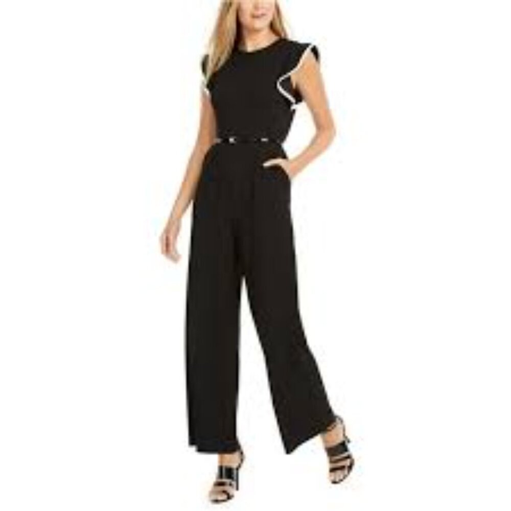 NWT Calvin Klein Navy White Accents Belted Wide Leg Jumpsuit Women Size 4 - Picture 1 of 9